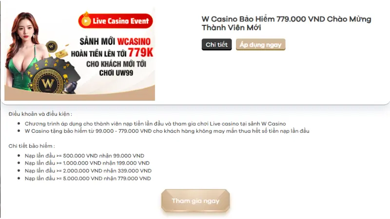 Casino bảo hiểm 779k cho thành viên mới chơi uw99